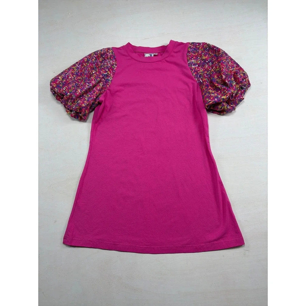 Queen of Sparkles Pink Sequin Puff Sleeve Mini T-Shirt Dress Girls Medium